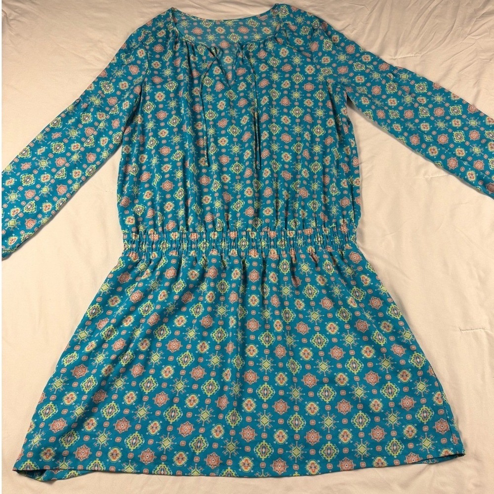 Q Mack Teal Geometric Medallion Print Long Sleeve Drop Waist Mini Dress‎ Womens